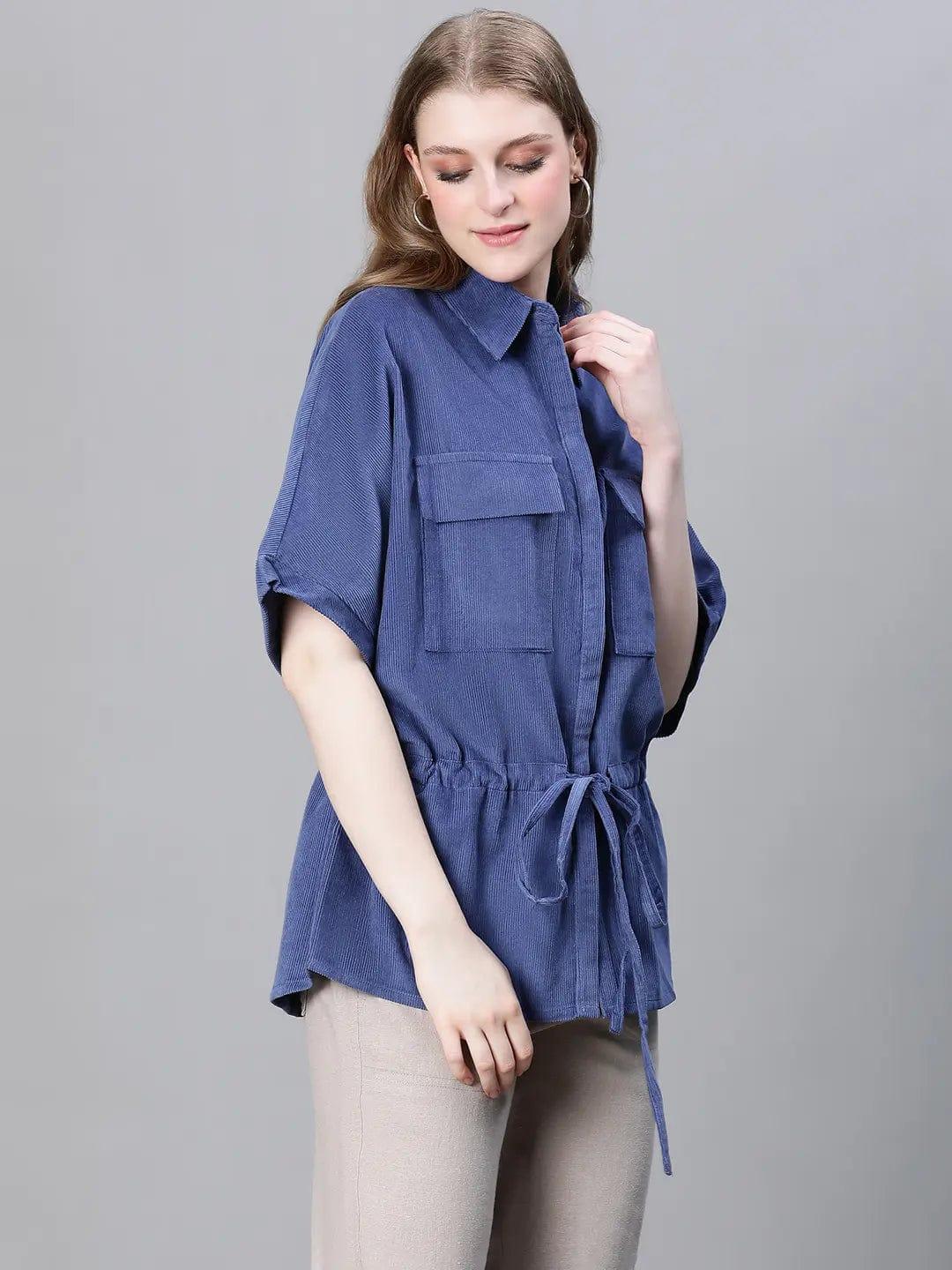 Women Blue Collared Buttoned Tie-Up Detailed Elasticated Short Sleeve Cotton Jacket