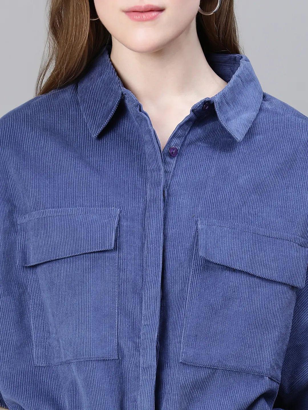 Women Blue Collared Buttoned Tie-Up Detailed Elasticated Short Sleeve Cotton Jacket