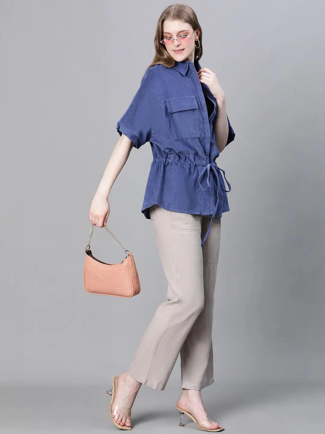 Women Blue Collared Buttoned Tie-Up Detailed Elasticated Short Sleeve Cotton Jacket