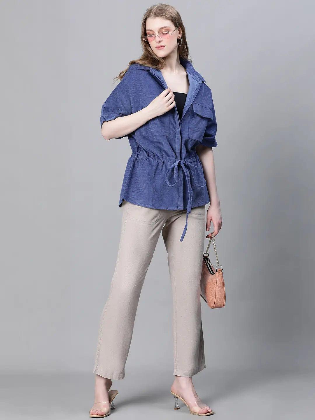 Women Blue Collared Buttoned Tie-Up Detailed Elasticated Short Sleeve Cotton Jacket