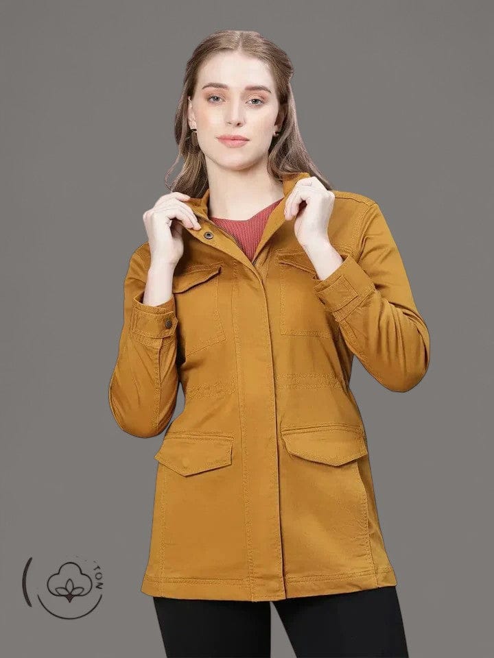 Jovial Mustard Collared Snap Buttoned Long Sleeve Winter Wear Cotton Jacket