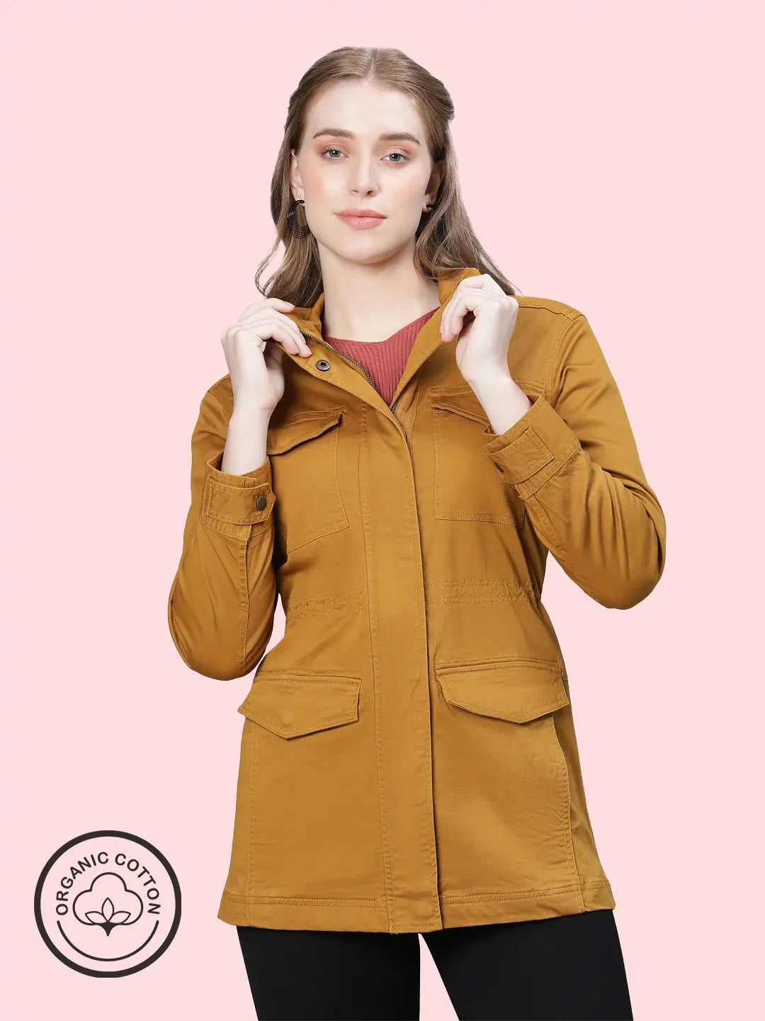 Jovial Mustard Collared Snap Buttoned Long Sleeve Cotton Jacket