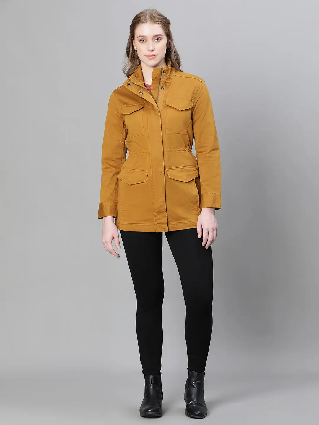 Jovial Mustard Collared Snap Buttoned Long Sleeve Cotton Jacket