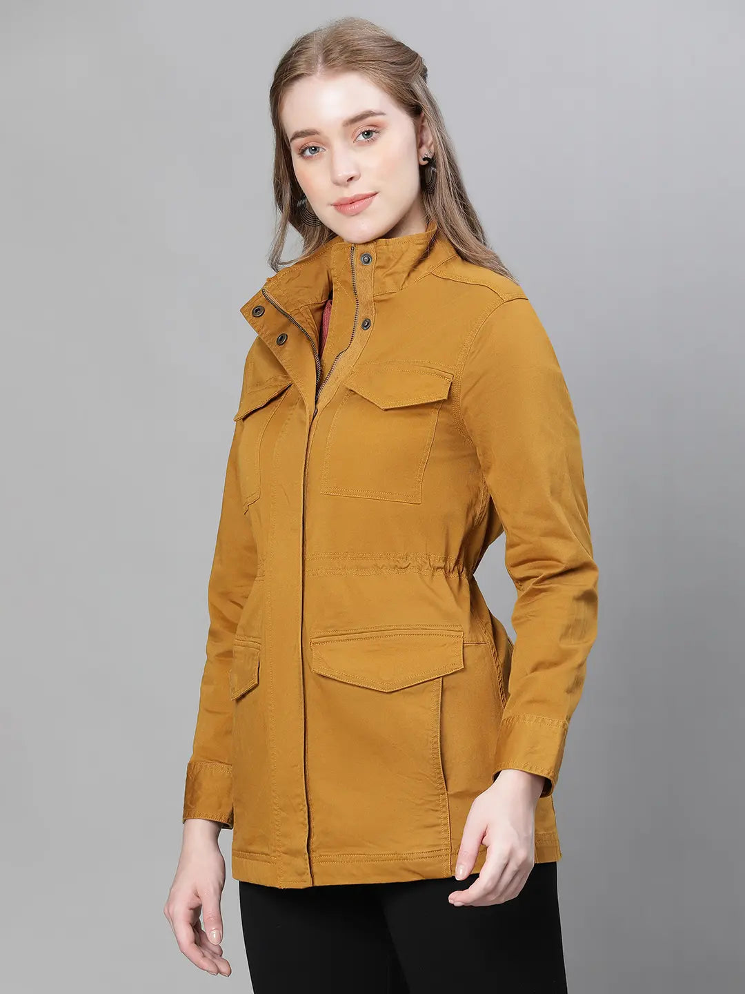 Jovial Mustard Collared Snap Buttoned Long Sleeve Cotton Jacket