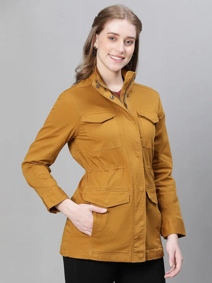 Jovial Mustard Collared Snap Buttoned Long Sleeve Cotton Jacket