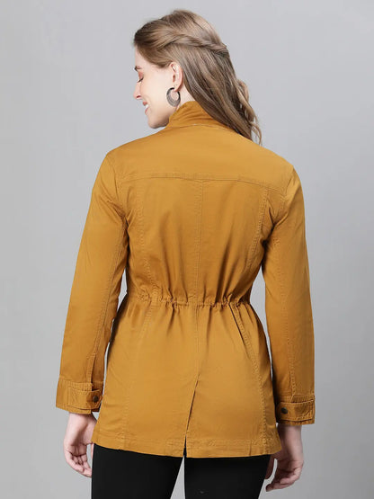 Jovial Mustard Collared Snap Buttoned Long Sleeve Cotton Jacket