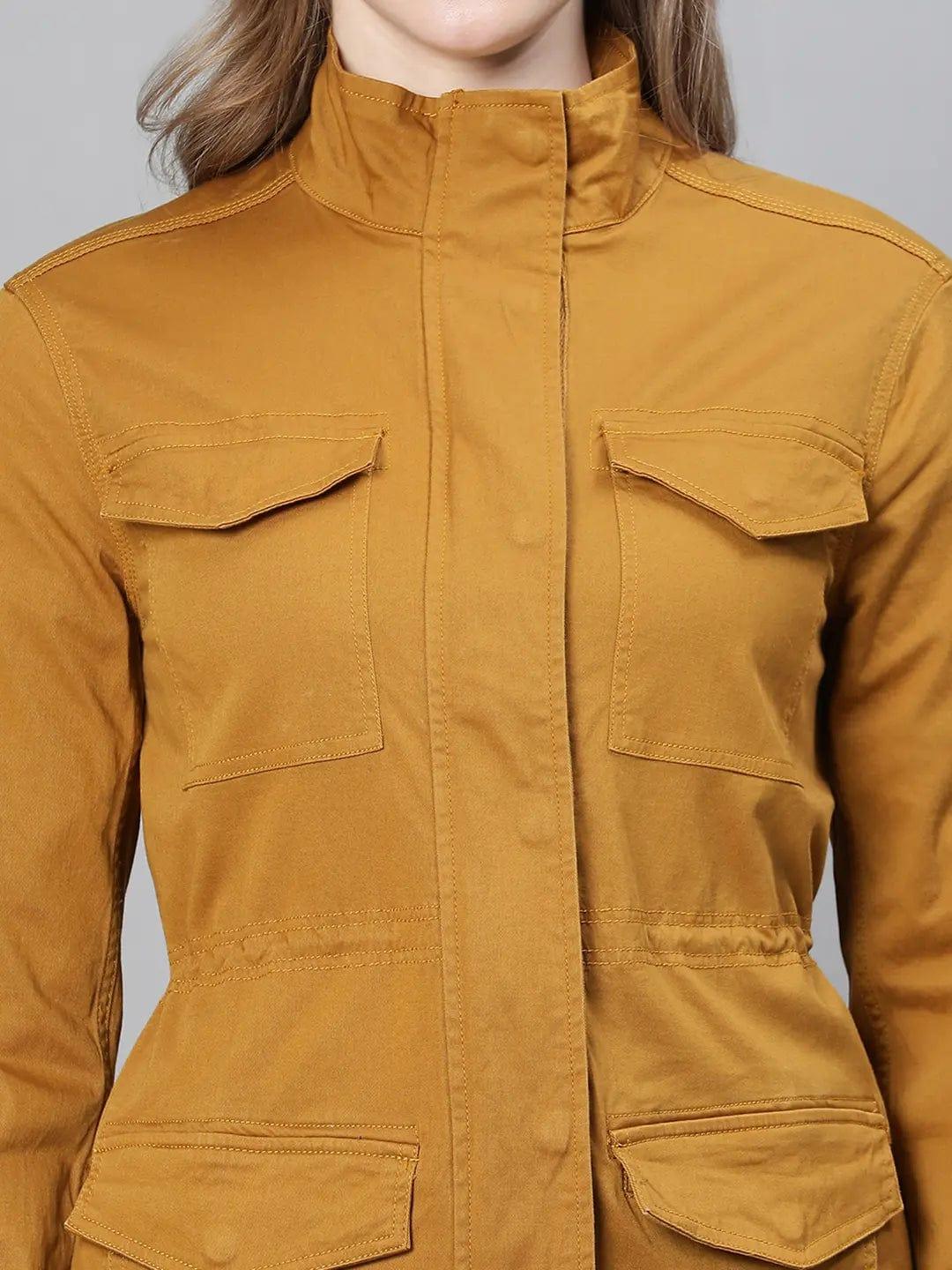 Jovial Mustard Collared Snap Buttoned Long Sleeve Winter Wear Cotton Jacket