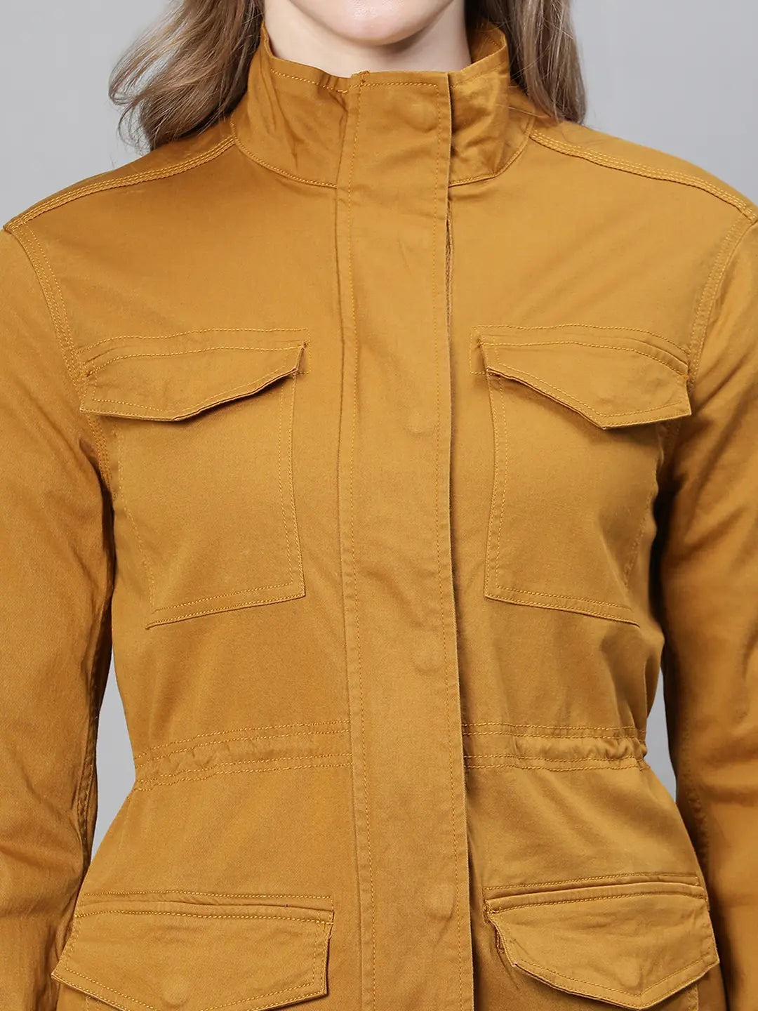 Jovial Mustard Collared Snap Buttoned Long Sleeve Cotton Jacket