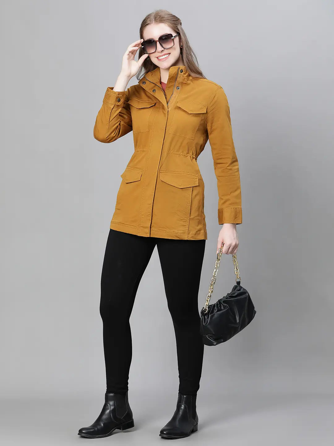 Jovial Mustard Collared Snap Buttoned Long Sleeve Cotton Jacket