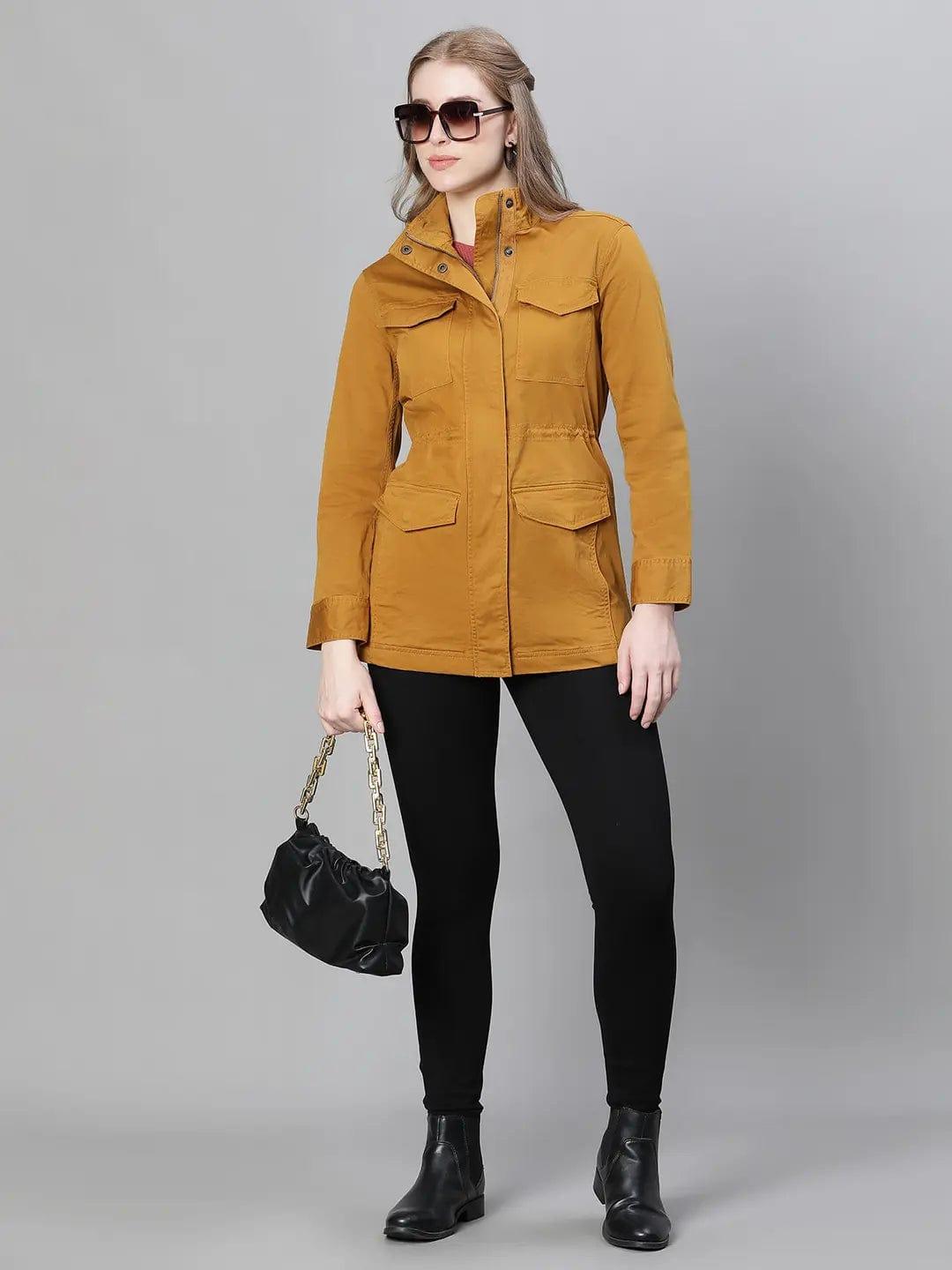 Jovial Mustard Collared Snap Buttoned Long Sleeve Winter Wear Cotton Jacket