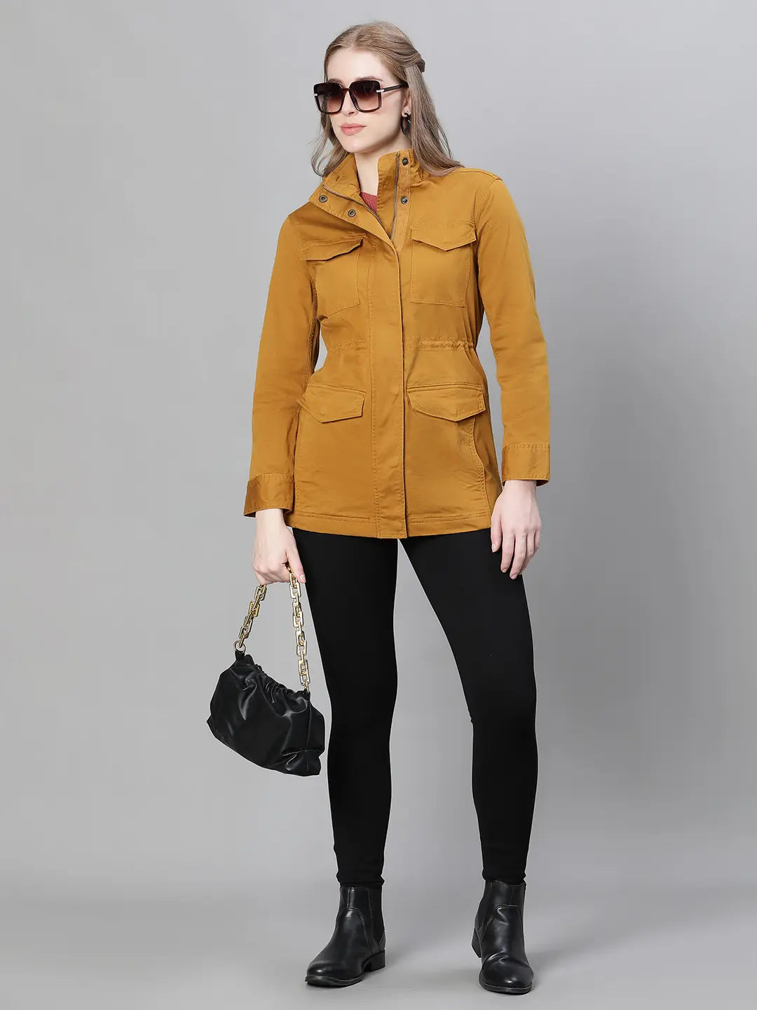 Jovial Mustard Collared Snap Buttoned Long Sleeve Cotton Jacket