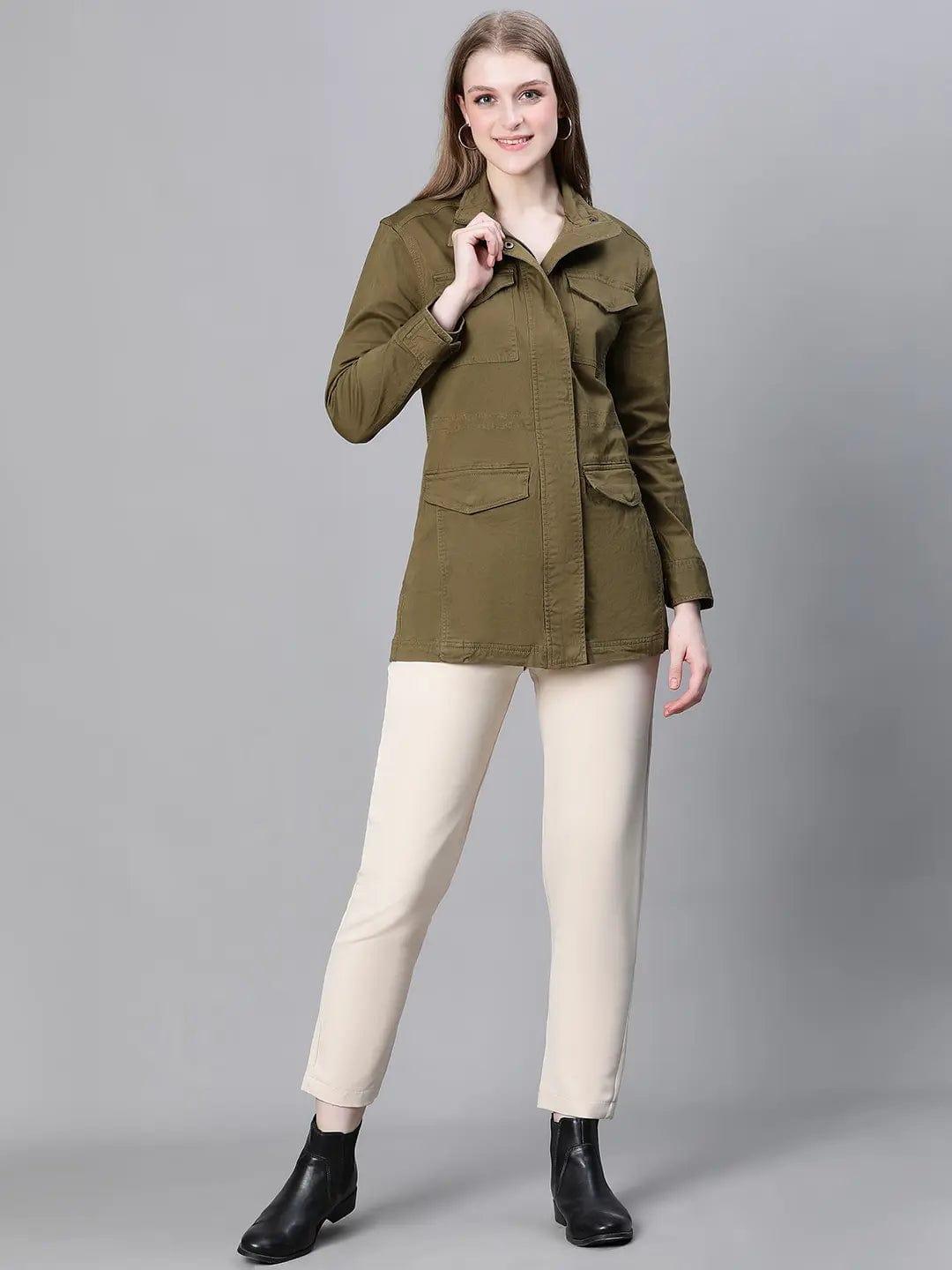 Women Khaki Collared Snap Buttoned Long Sleeve Cotton Jacket