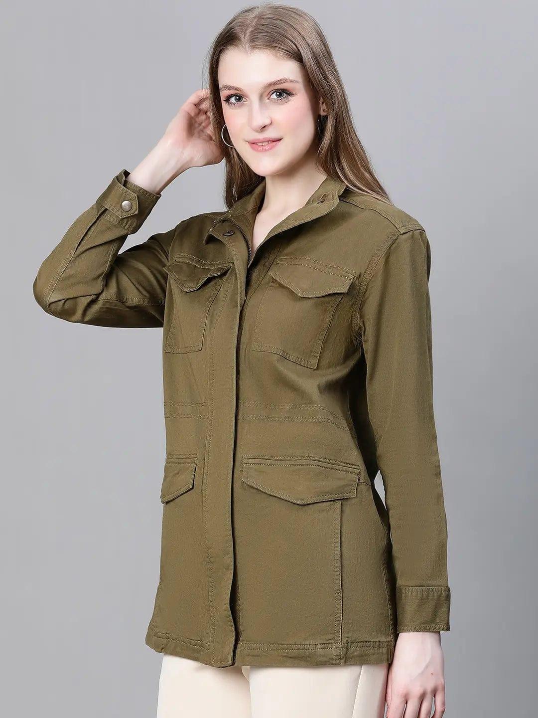 Women Khaki Collared Snap Buttoned Long Sleeve Cotton Jacket