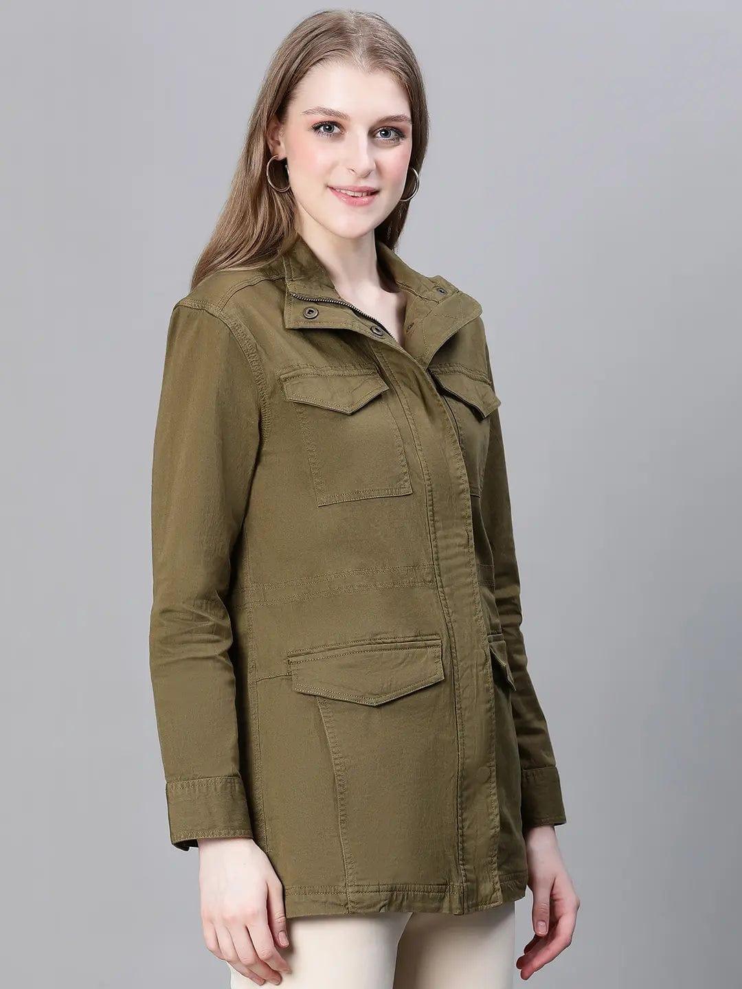 Women Khaki Collared Snap Buttoned Long Sleeve Cotton Jacket