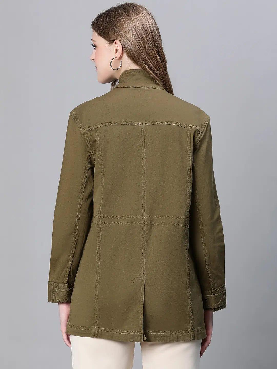 Women Khaki Collared Snap Buttoned Long Sleeve Cotton Jacket