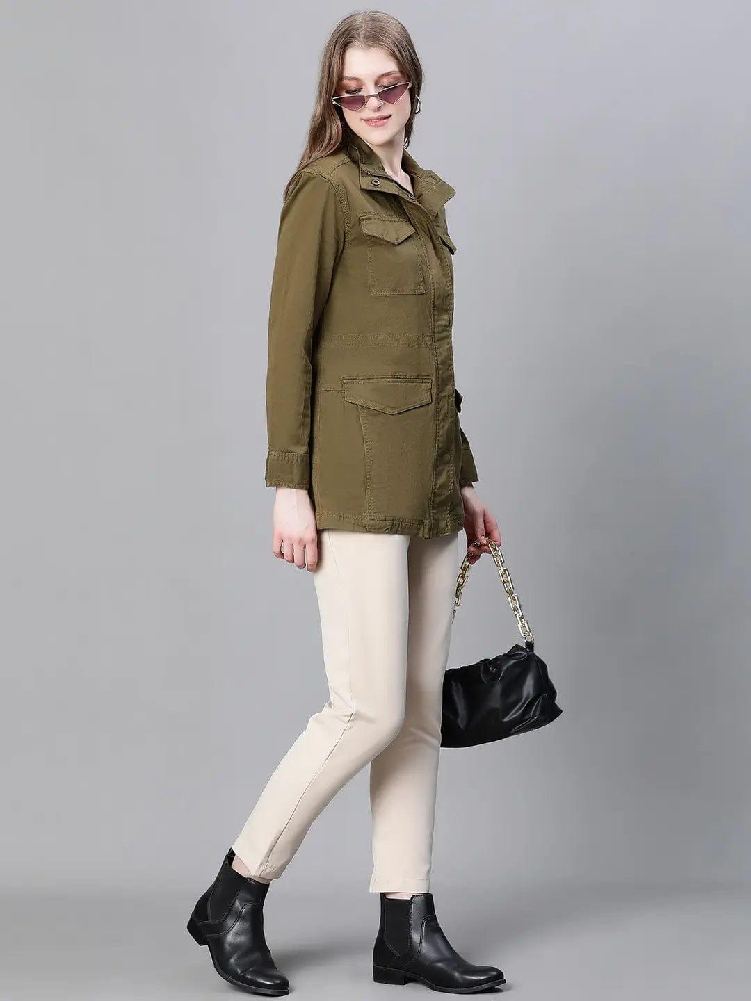 Women Khaki Collared Snap Buttoned Long Sleeve Cotton Jacket