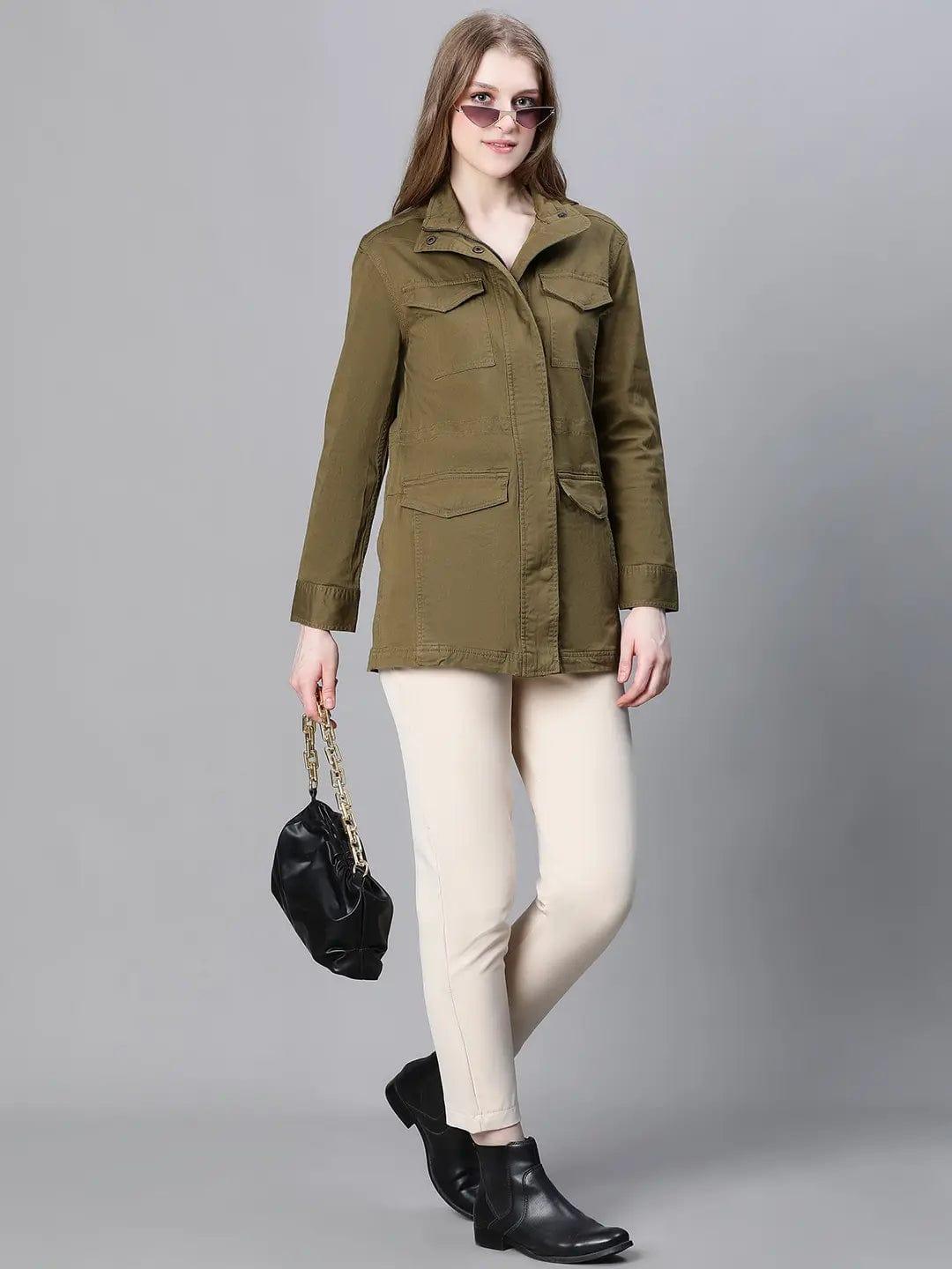 Women Khaki Collared Snap Buttoned Long Sleeve Cotton Jacket