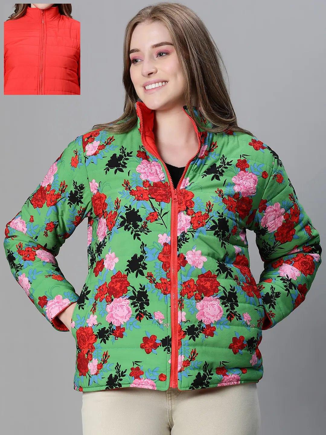 Women Green Floral Print Zip Lined Long Sleeve Reversible Jacket