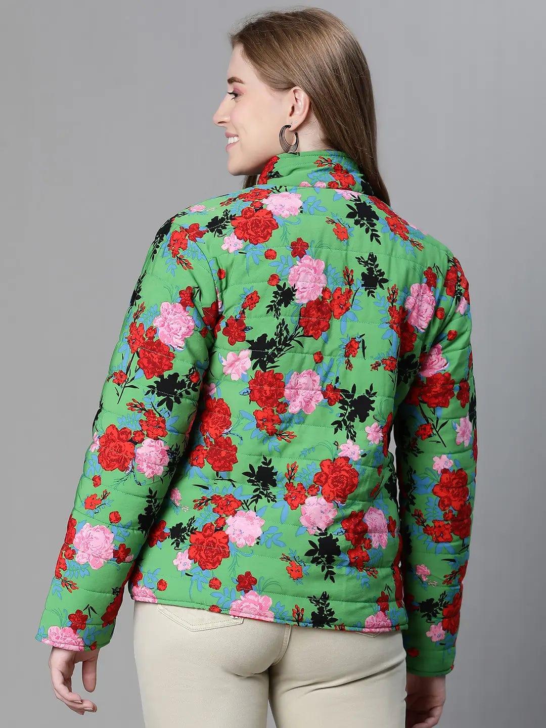 Women Green Floral Print Zip Lined Long Sleeve Reversible Jacket