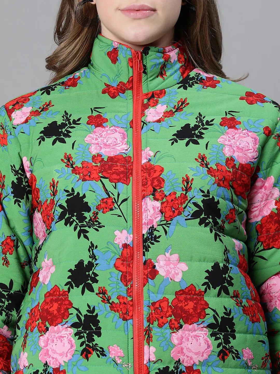 Women Green Floral Print Zip Lined Long Sleeve Reversible Jacket