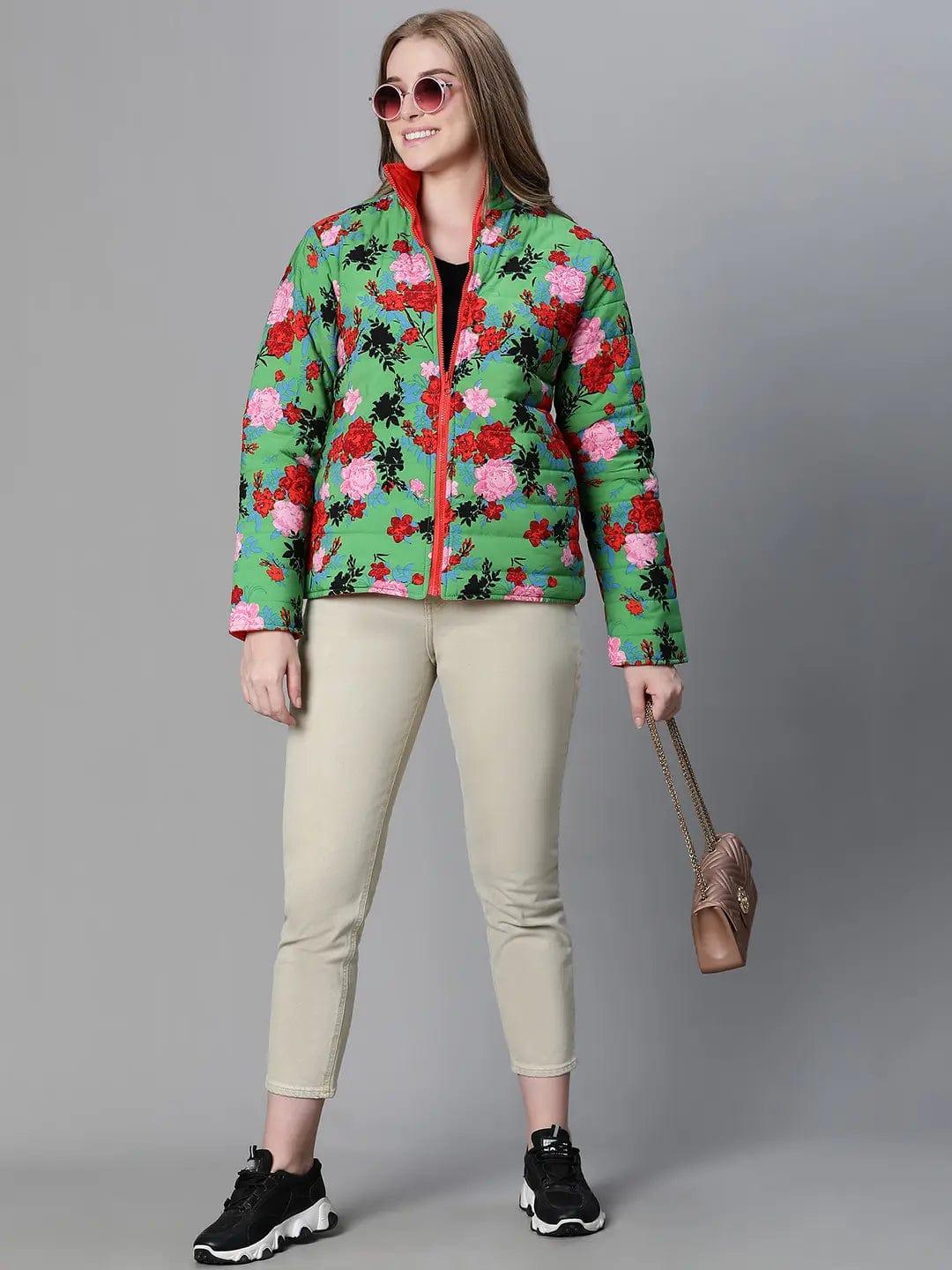 Women Green Floral Print Zip Lined Long Sleeve Reversible Jacket