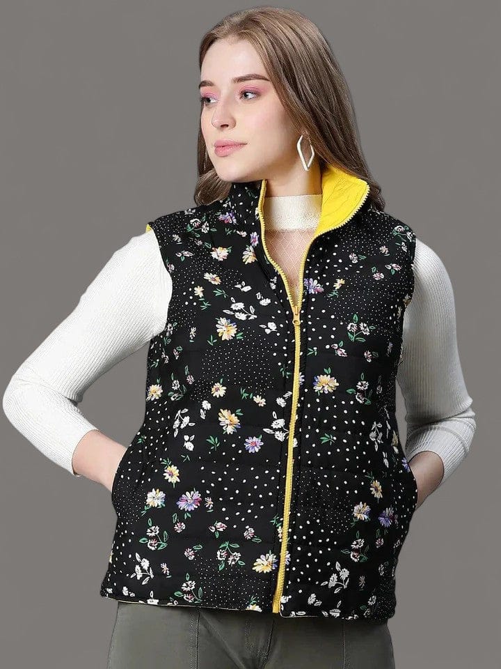 Women Black Floral Print Zip Lined Sleevless Reversible Jacket