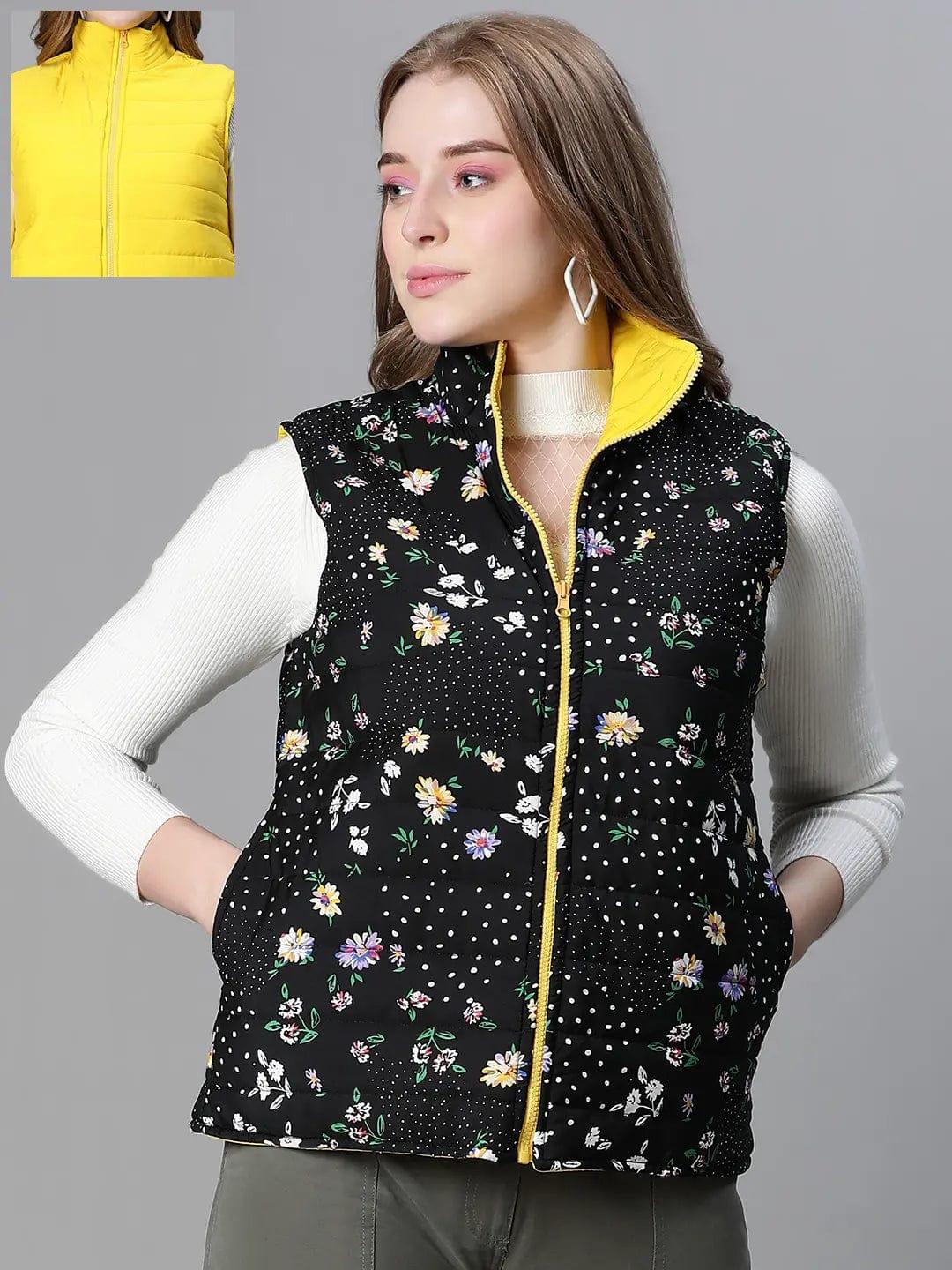 Women Black Floral Print Zip Lined Sleevless Reversible Jacket