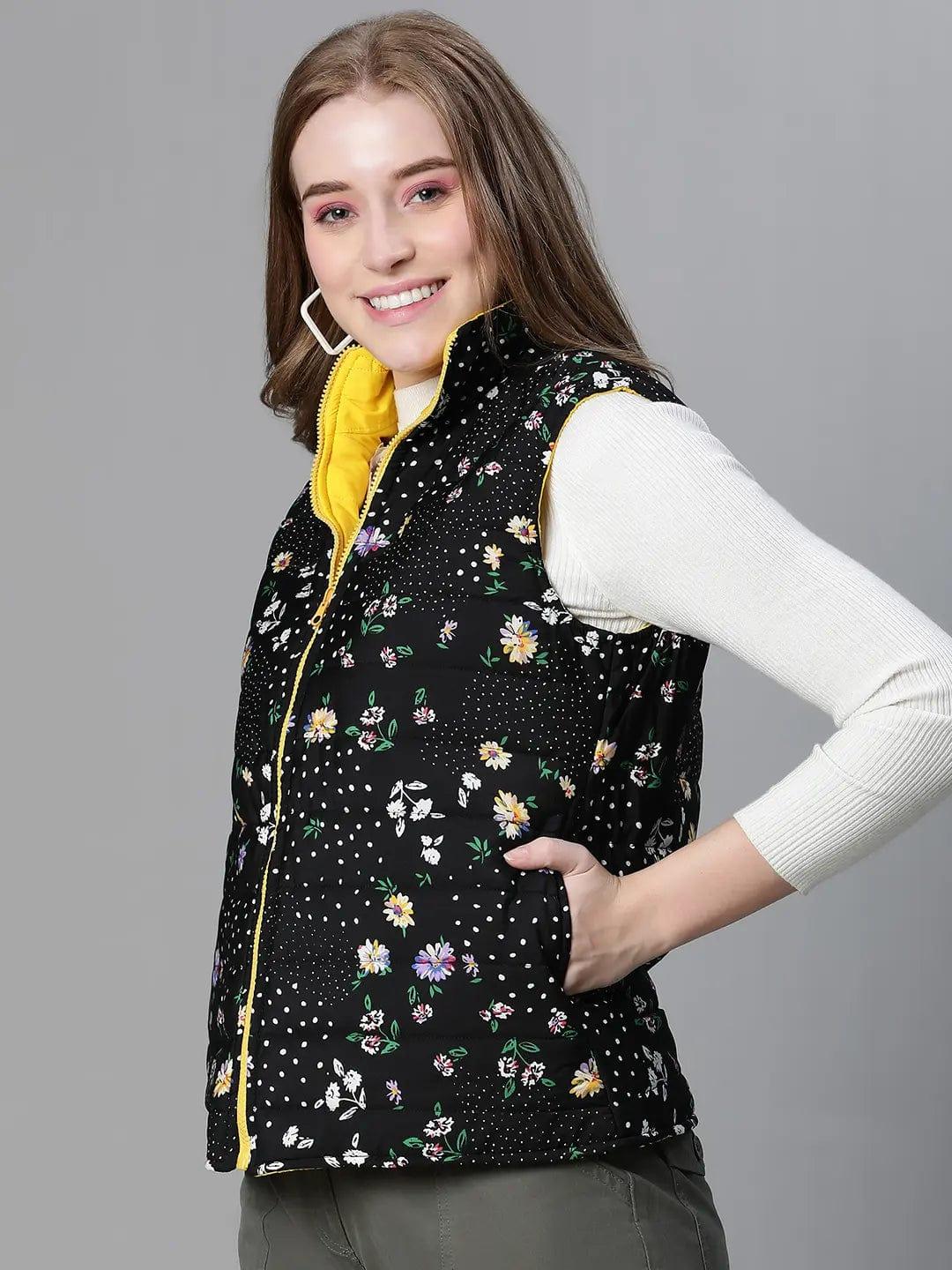 Women Black Floral Print Zip Lined Sleevless Reversible Jacket