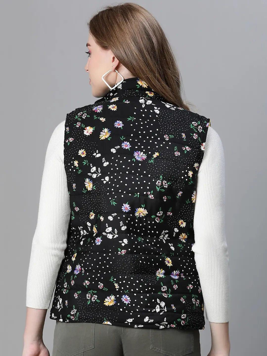 Women Black Floral Print Zip Lined Sleevless Reversible Jacket