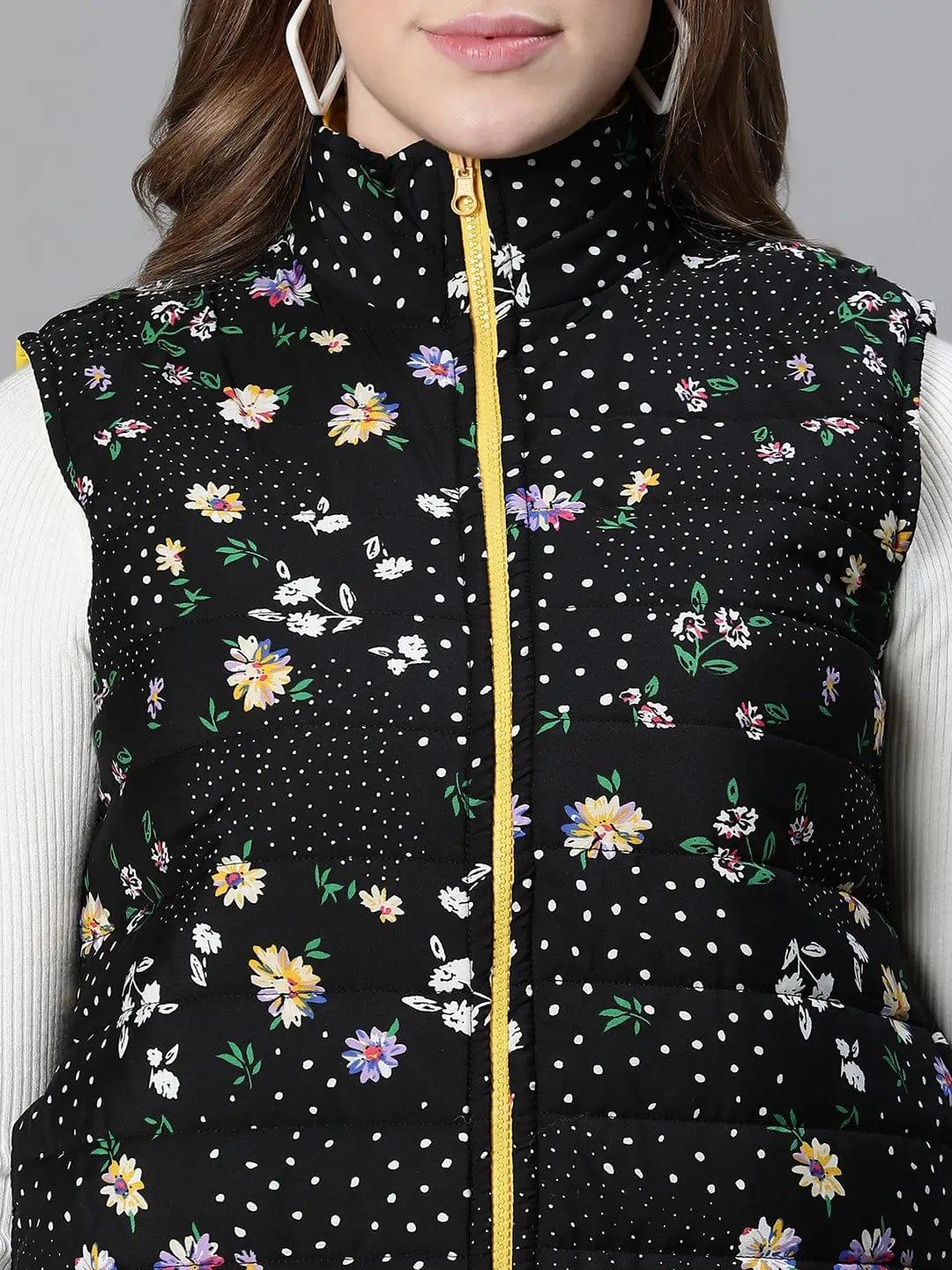 Women Black Floral Print Zip Lined Sleevless Reversible Jacket