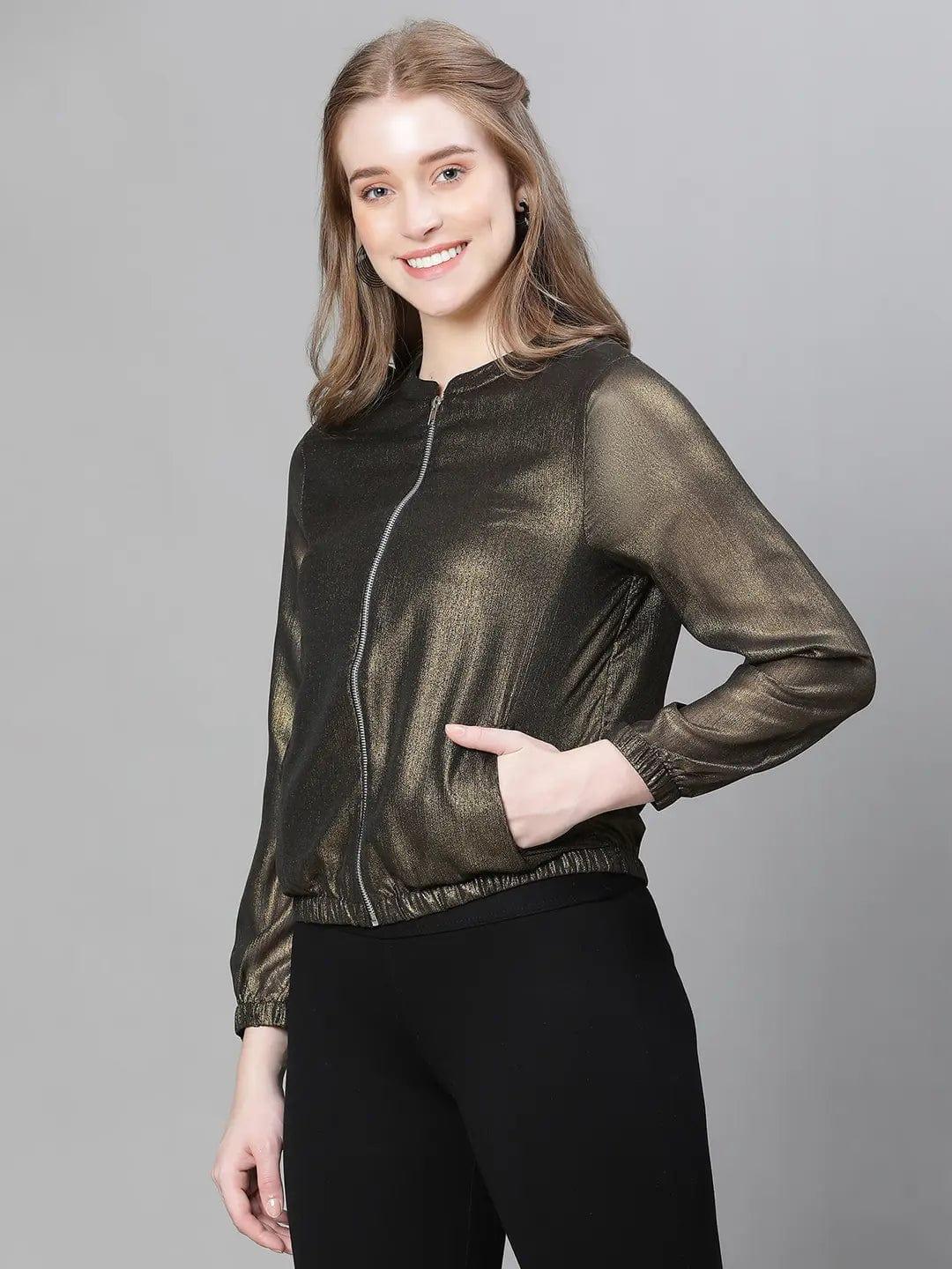 Women Black Round Neck Zipped Long Sleeve Elasticated Bomber Jacket