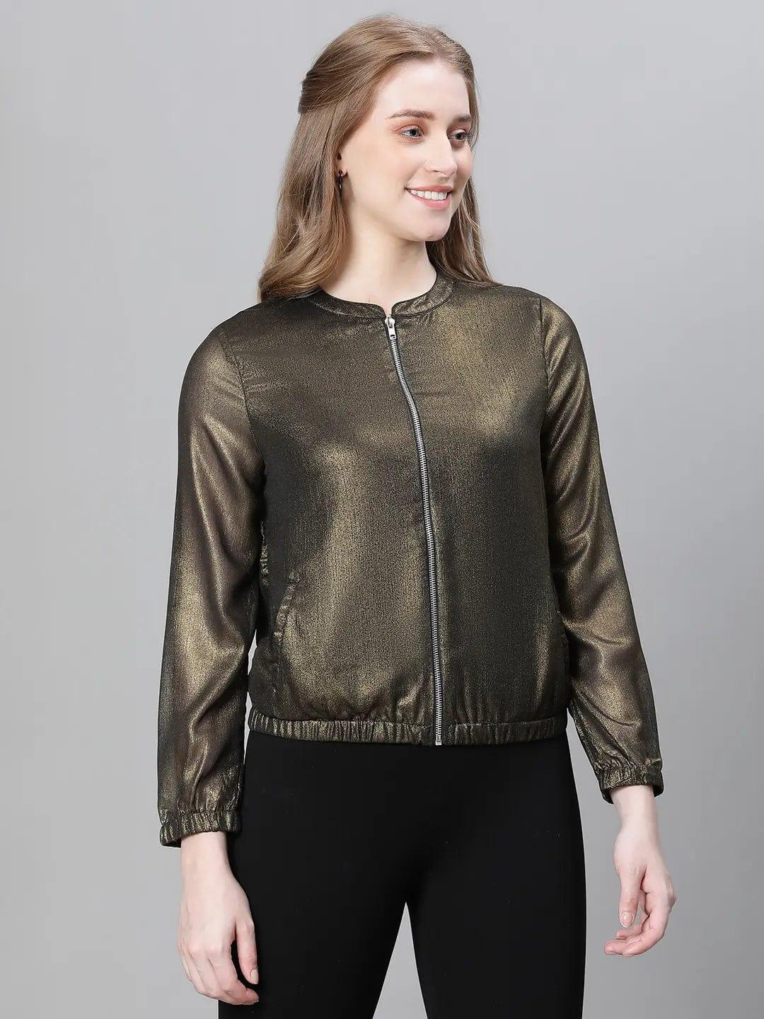 Women Black Round Neck Zipped Long Sleeve Elasticated Bomber Jacket