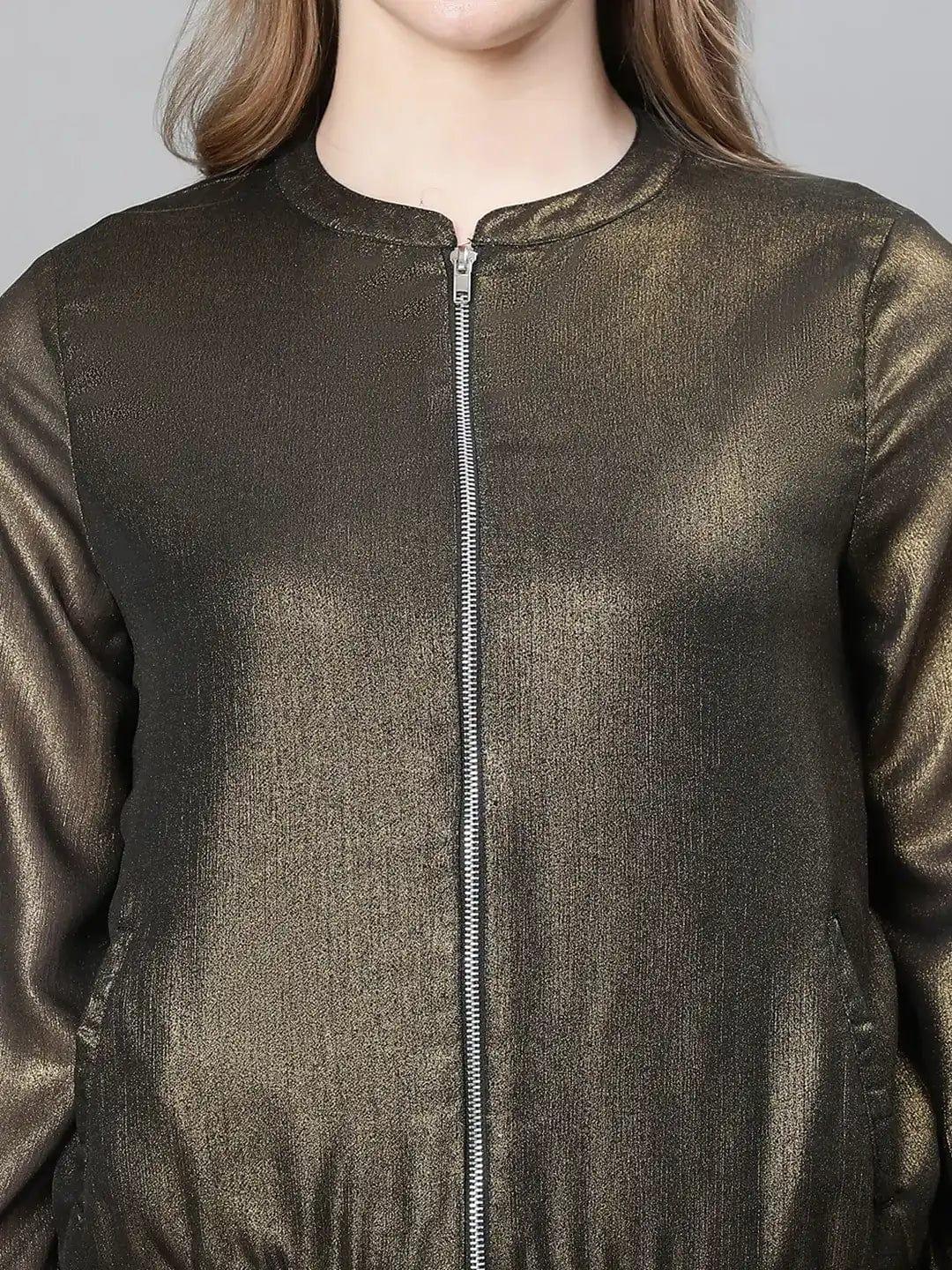 Women Black Round Neck Zipped Long Sleeve Elasticated Bomber Jacket