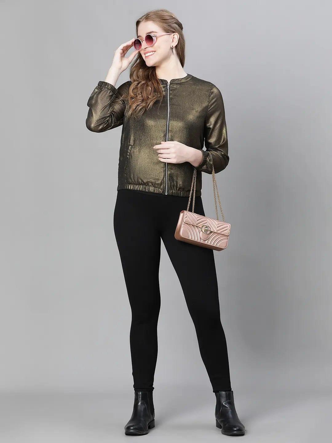 Women Black Round Neck Zipped Long Sleeve Elasticated Bomber Jacket