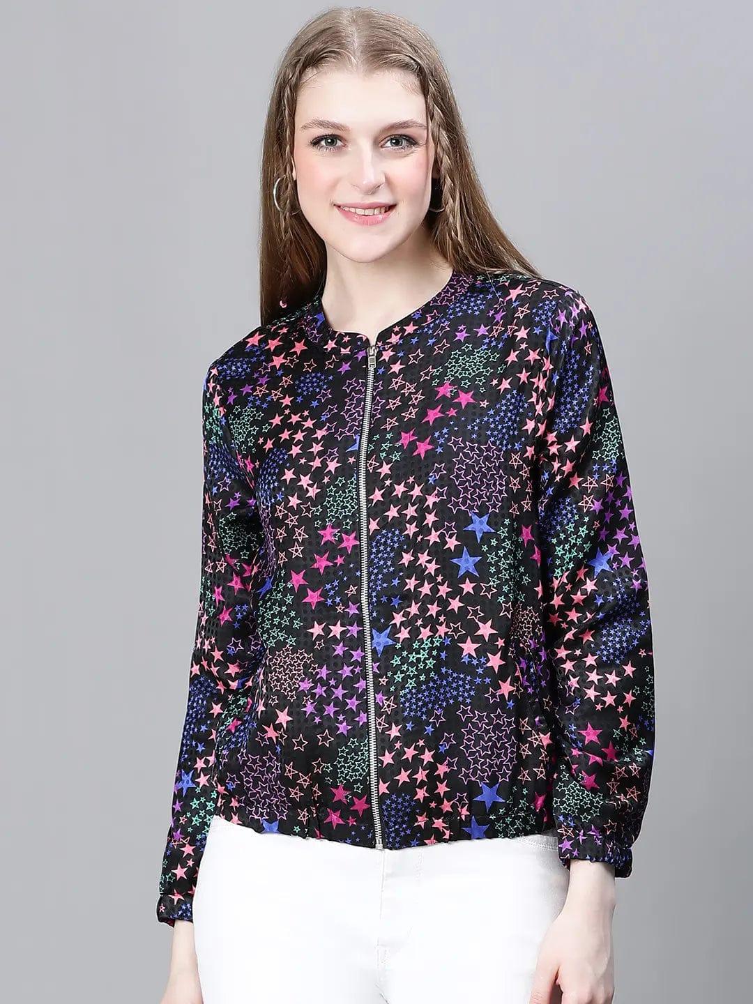 Women Multicolor Floral Print Round Neck Zipped Long Sleeve Elasticated Bomber Jacket