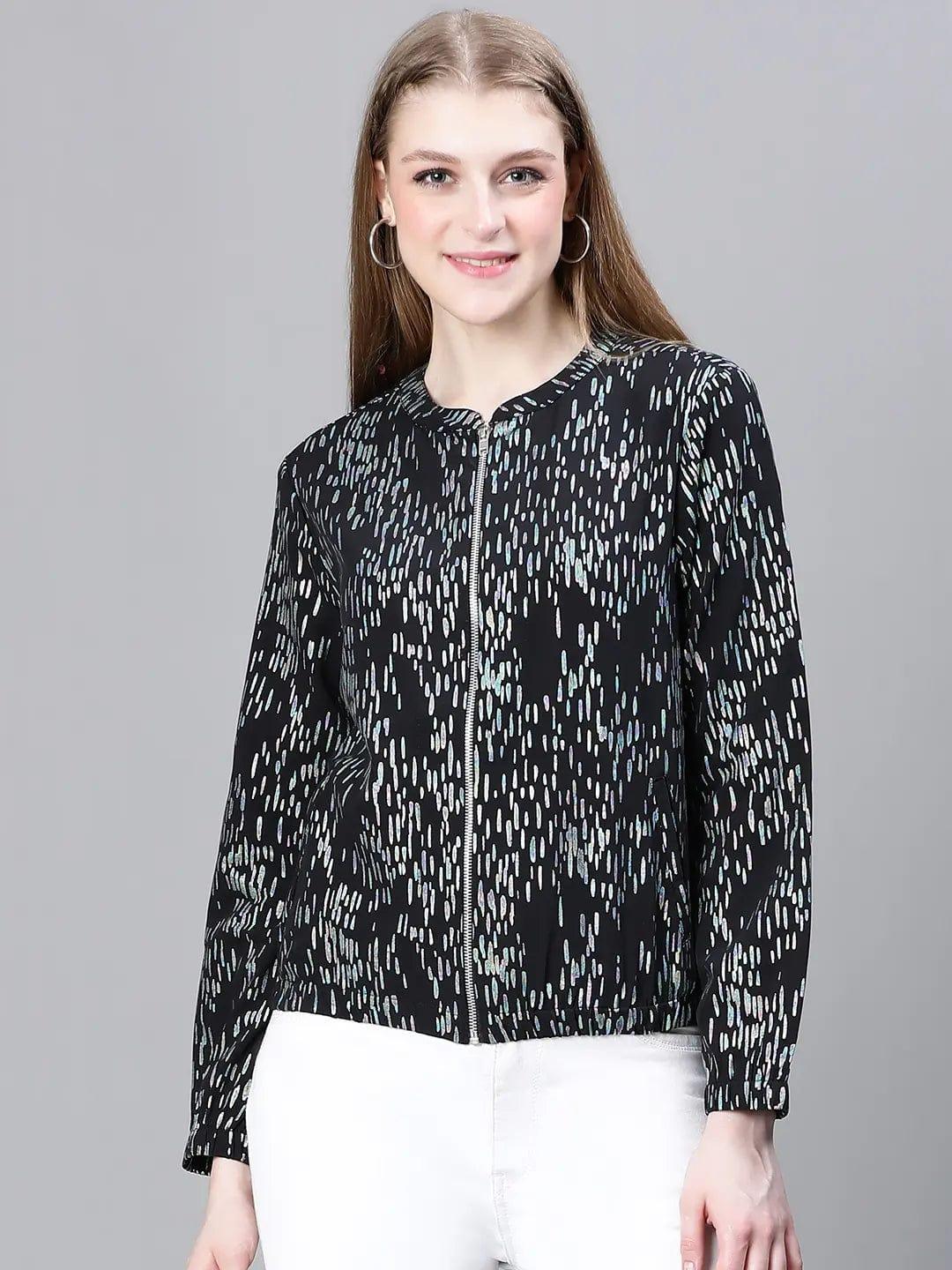 Women Black Lurex Print Round Neck Zipped Long Sleeve Elasticated Bomber Jacket