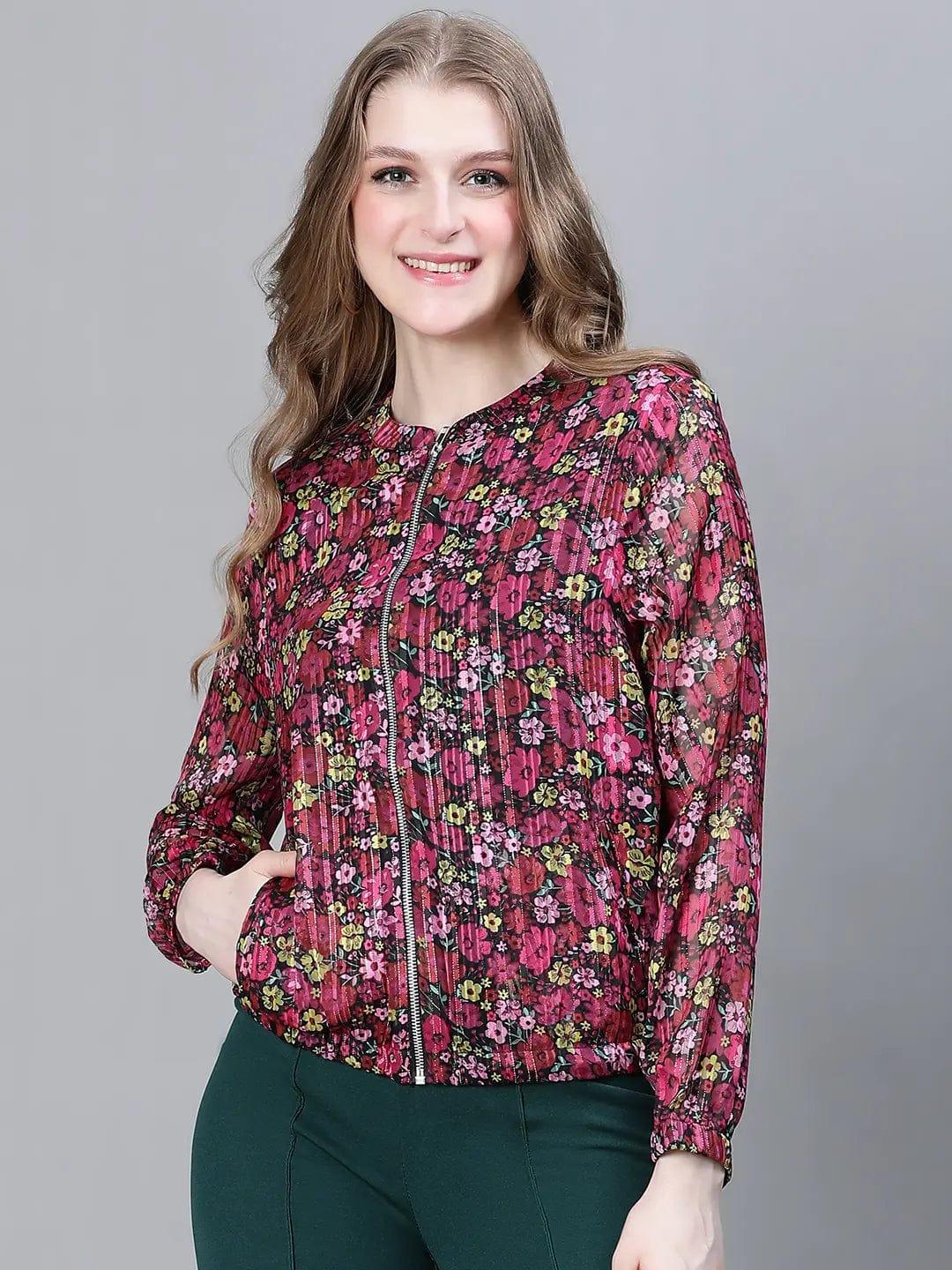 Women Red Floral Print Round Neck Zipped Long Sleeve Elasticated Bomber Jacket