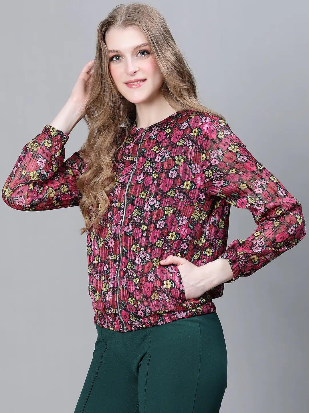 Women Red Floral Print Round Neck Zipped Long Sleeve Elasticated Bomber Jacket