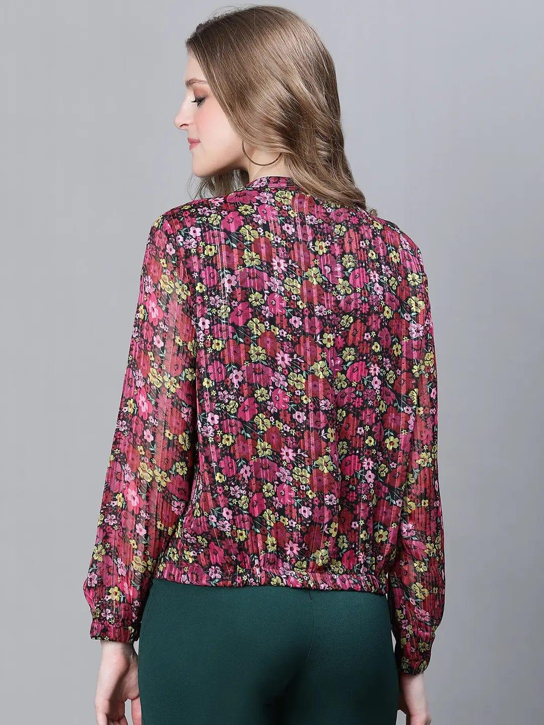 Women Red Floral Print Round Neck Zipped Long Sleeve Elasticated Bomber Jacket