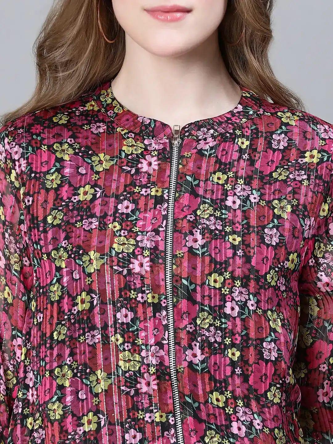 Women Red Floral Print Round Neck Zipped Long Sleeve Elasticated Bomber Jacket