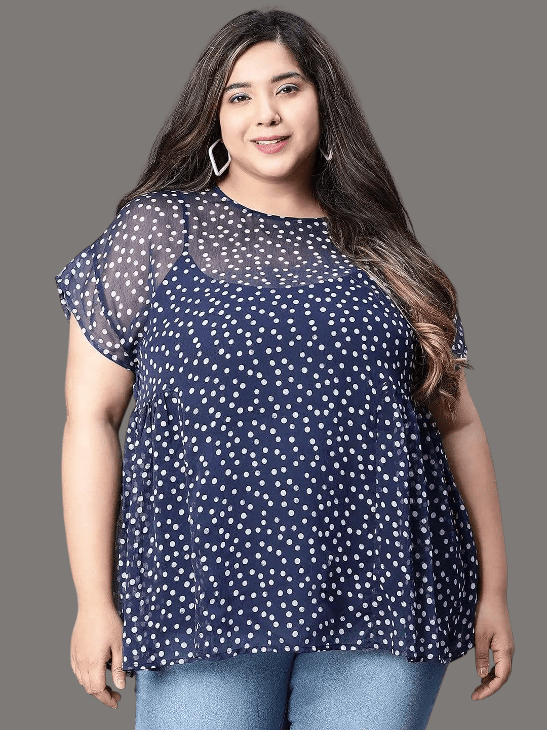 Plus Size Navy Blue Polka Dot Top