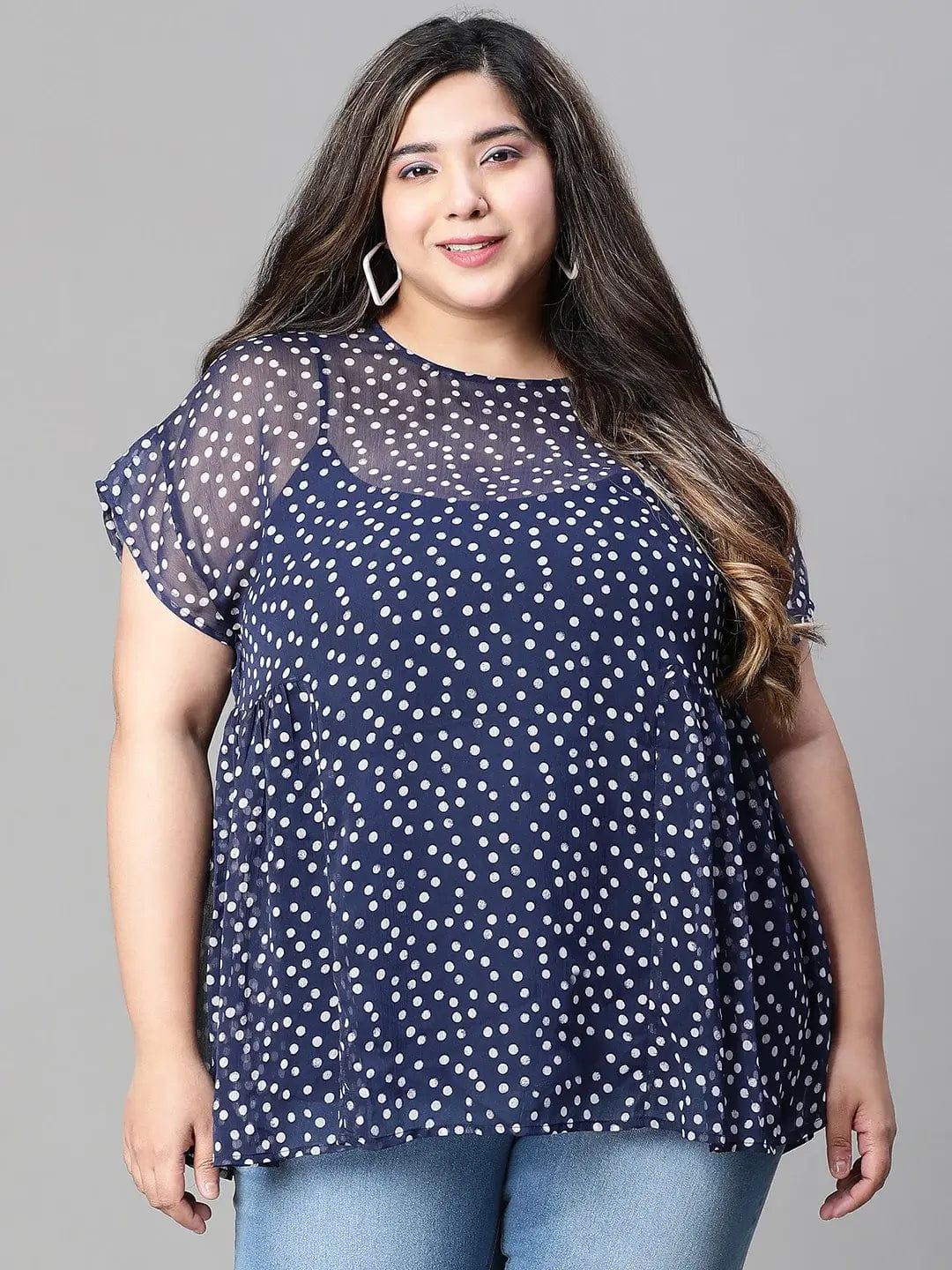 Must Have Navy Blue Polka Print Plus Size Loopy Top