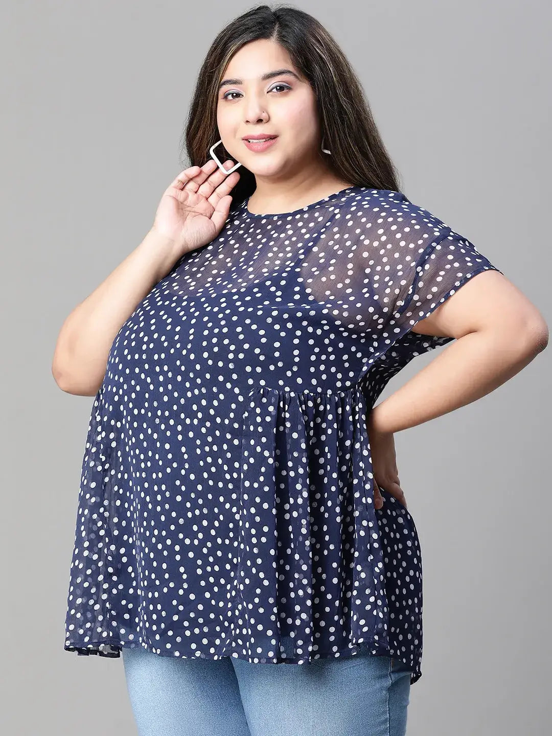 Must Have Navy Blue Polka Print Plus Size Top