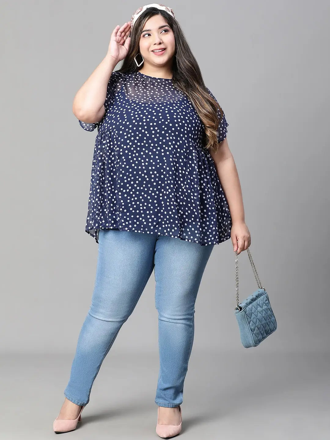 Must Have Navy Blue Polka Print Plus Size Top