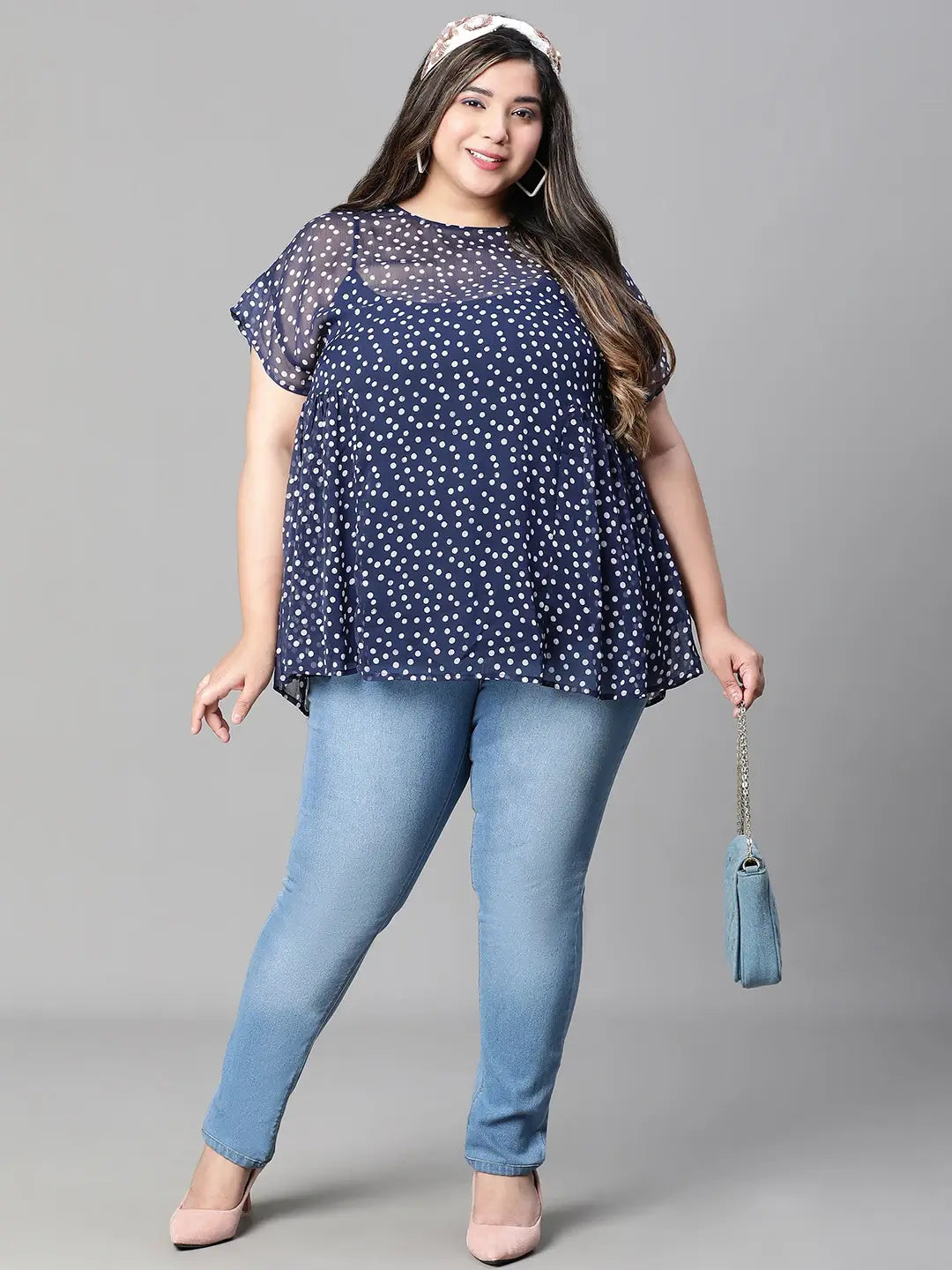 Must Have Navy Blue Polka Print Plus Size Top