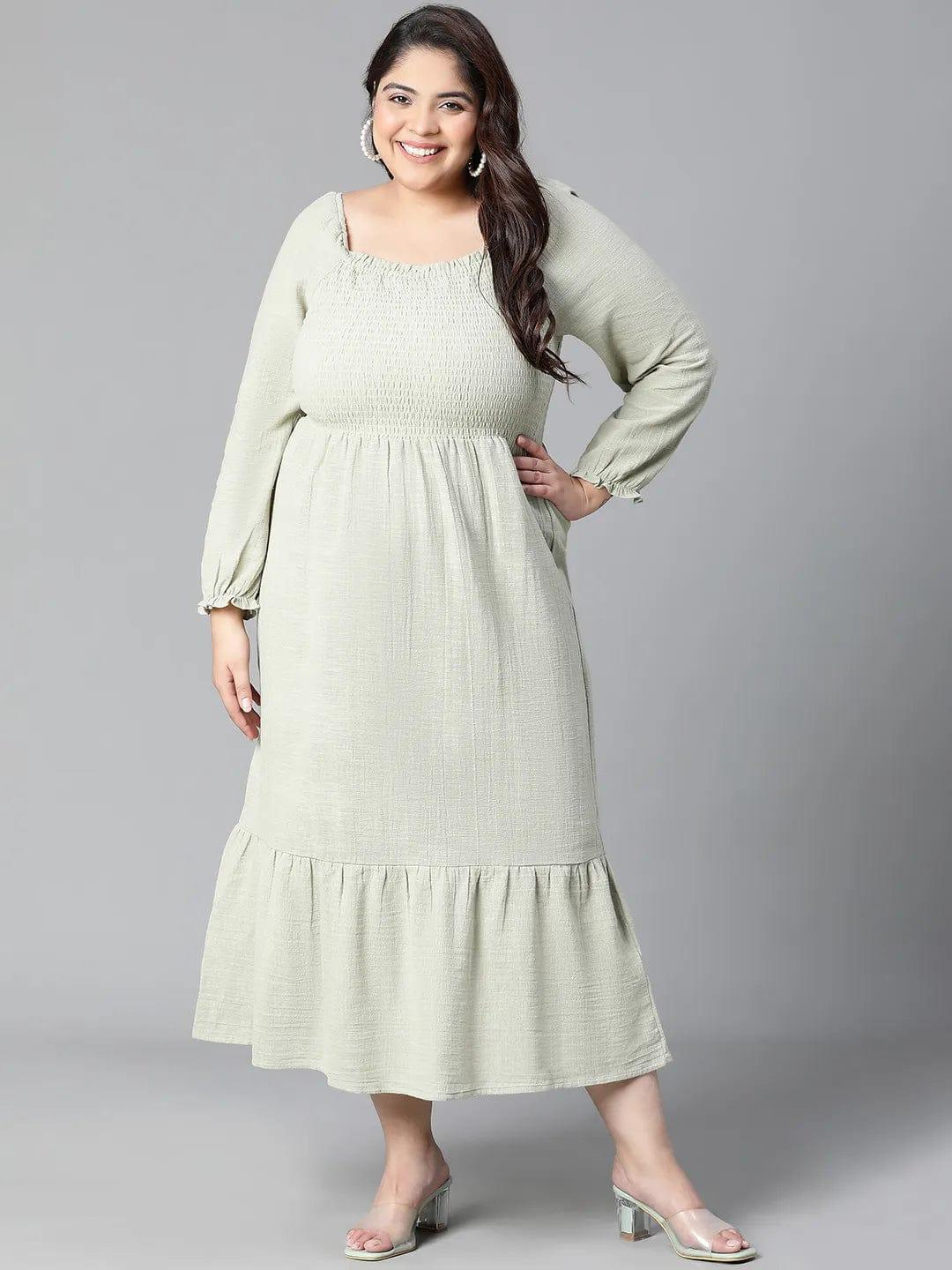 Charming Green Smocked Long Plus Size Curvy Cotton Dress For Summer