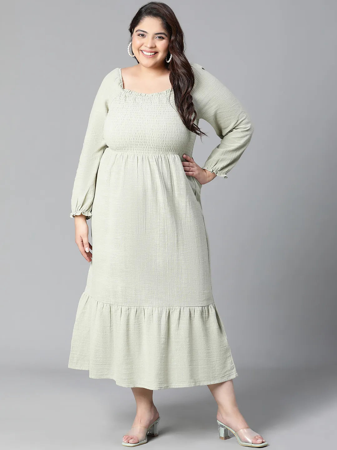 Charming Green Smocked Long Plus Size Cotton Dress For Summer