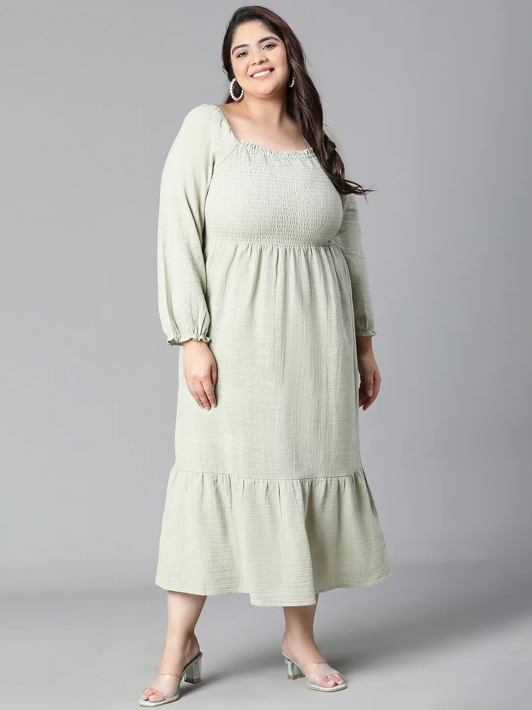 Charming Green Smocked Long Plus Size Cotton Dress For Summer