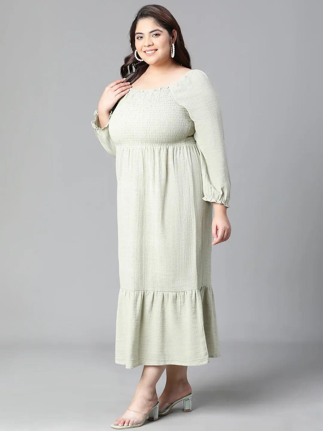 Charming Green Smocked Long Plus Size Curvy Cotton Dress For Summer