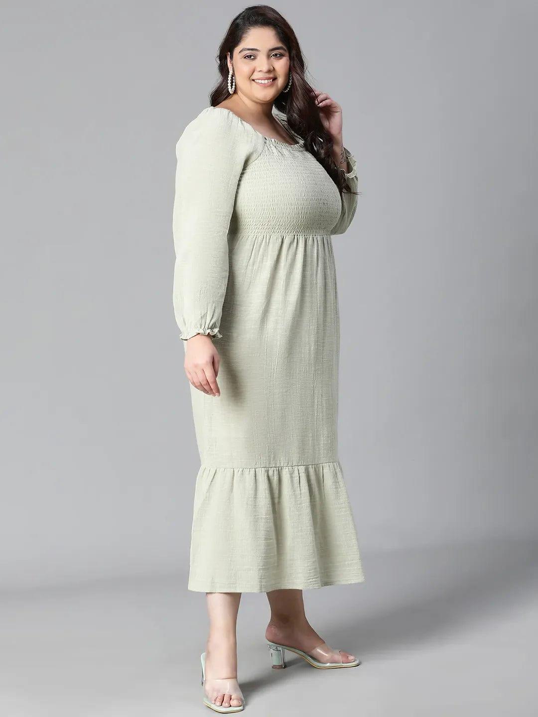 Charming Green Smocked Long Plus Size Curvy Cotton Dress For Summer